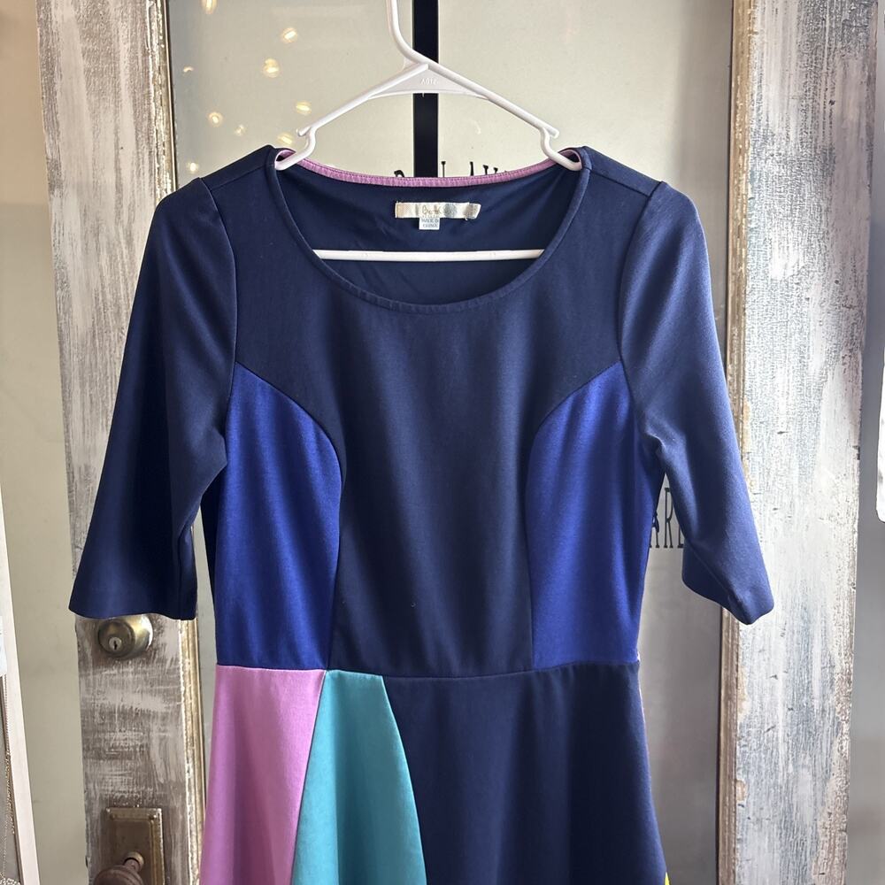 Boden Alice Ponte color block Midi Dress Fit And Flare Sz 8R Blue Pink Yellow - Picture 3 of 15